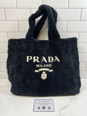 Prada Milano Black Terry Fur Cloth Tote Shoulder Bag Purse